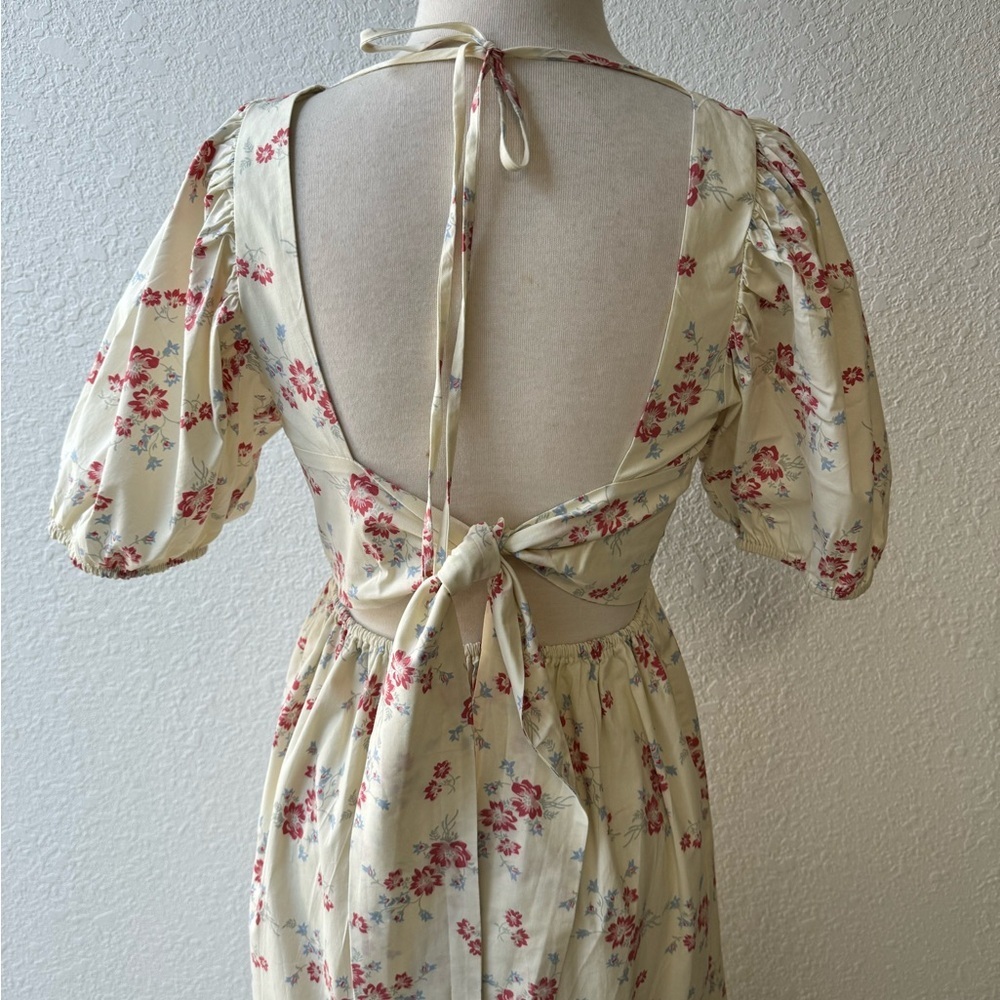 WAYF Whisper Cottage-Core‎ Square Neck Back Tie Ivory Floral Print Ivory Sz S - Picture 7 of 16